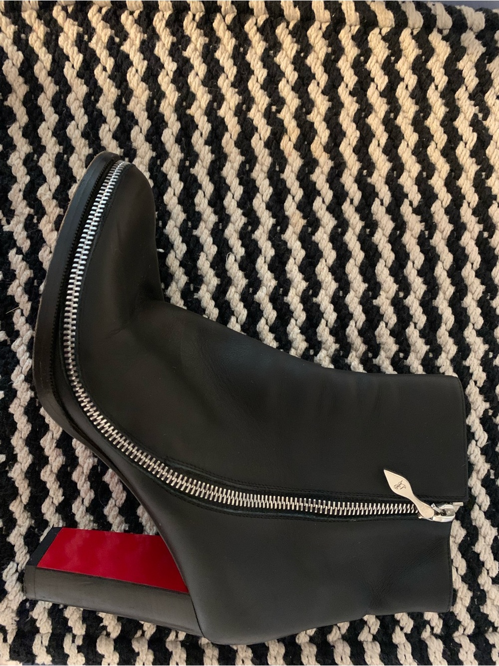 Christian Louboutin Black Leather Ankle Boot with Red Block Heel